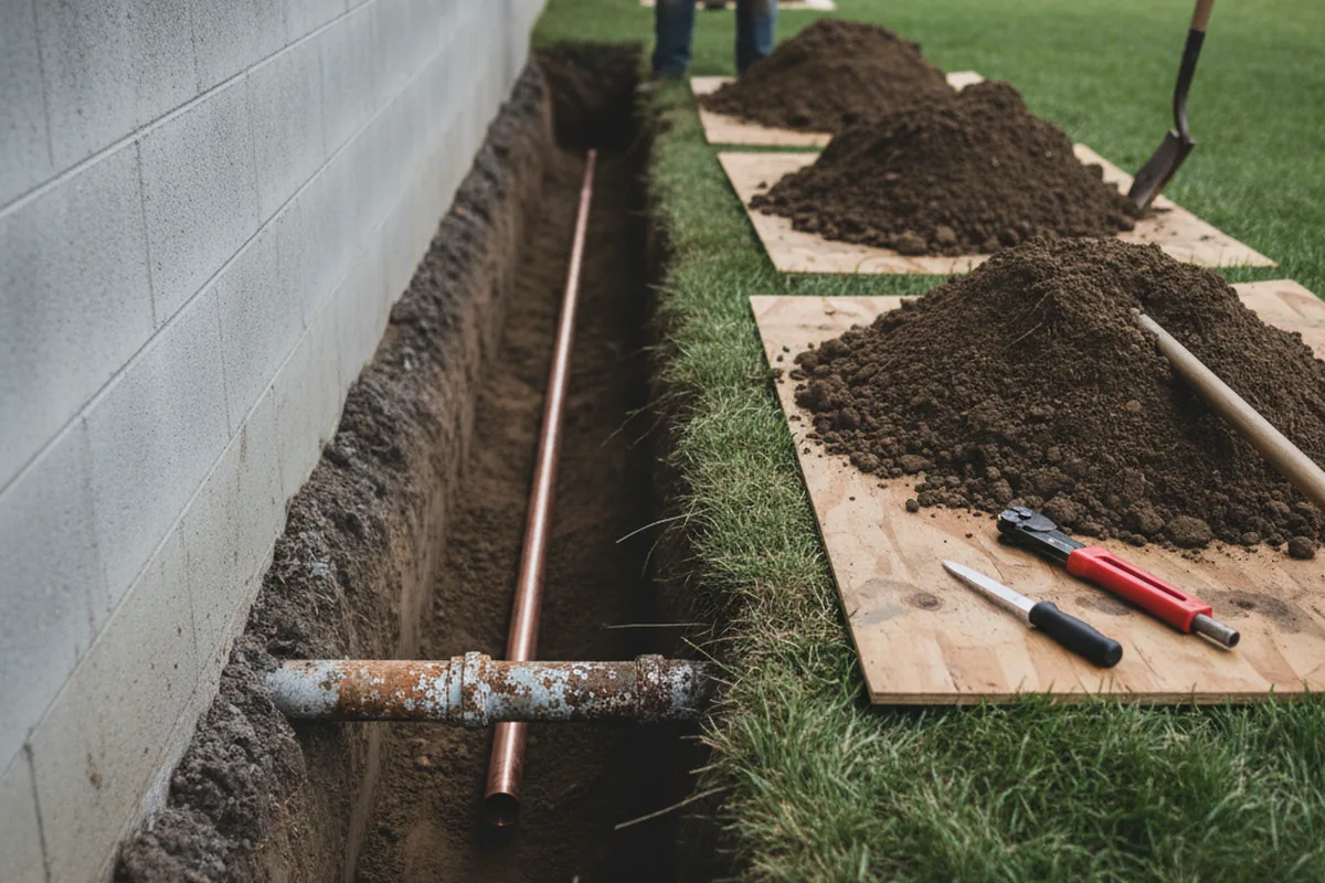 Excavated water line trench during Sewer Line Repair in Broaddus
